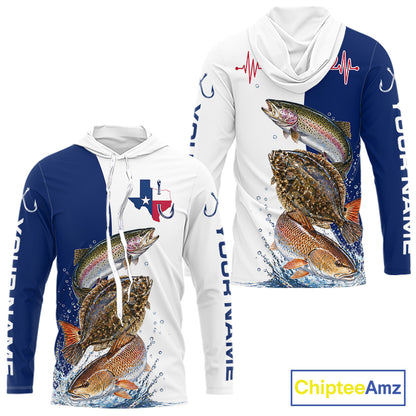 Blue Texas Slam Fishing Custom Performance Long Sleeve Hooded Team Redfish, Trout, Flounder Fishing Shirts NBT679