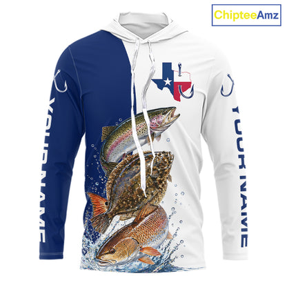 Blue Texas Slam Fishing Custom Performance Long Sleeve Hooded Team Redfish, Trout, Flounder Fishing Shirts NBT679
