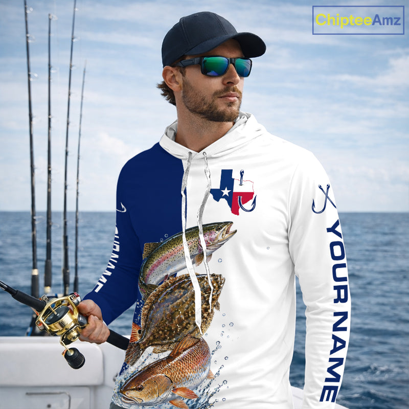 Blue Texas Slam Fishing Custom Performance Long Sleeve Hooded Team Redfish, Trout, Flounder Fishing Shirts NBT679