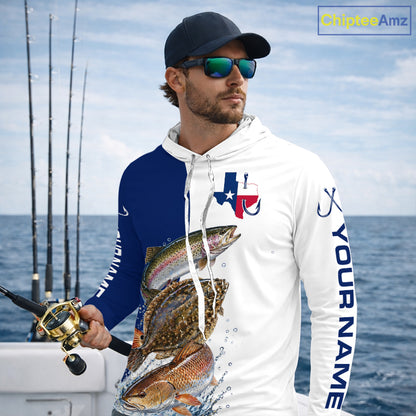 Blue Texas Slam Fishing Custom Performance Long Sleeve Hooded Team Redfish, Trout, Flounder Fishing Shirts NBT679