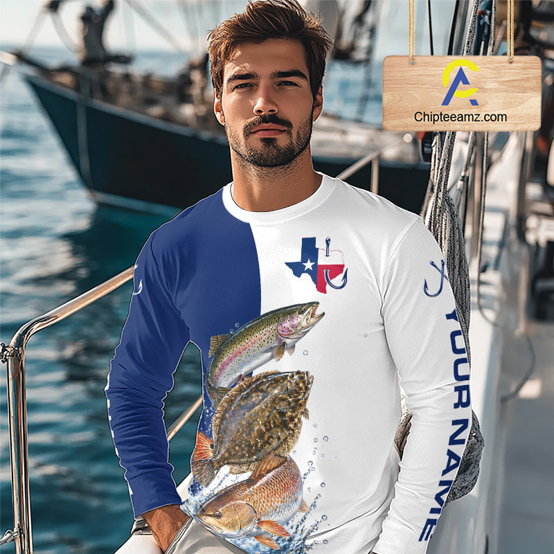 Blue Texas Slam Fishing Custom Performance Long Sleeve Team Redfish, Trout, Flounder Fishing Shirts NBT679