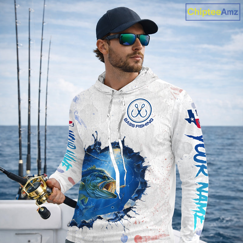 Custom Bass Long Sleeve Hooded Fishing Tournament Shirts, Largemouth Bass Fishing Apparel | White NBT680