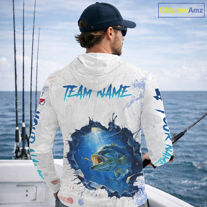 Custom Bass Long Sleeve Hooded Fishing Tournament Shirts, Largemouth Bass Fishing Apparel | White NBT680
