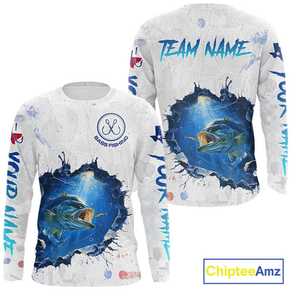 Custom Bass Fishing Long Sleeve Tournament Shirts, Largemouth Bass Fishing Apparel | White NBT680