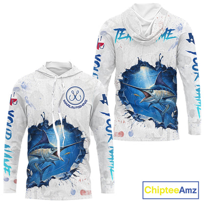 Custom Marlin Fishing Long Sleeve Hooded Tournament Shirts, Marlin Saltwater Fishing Apparel | White NBT681