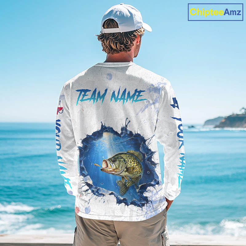 Custom Crappie Fishing Long Sleeve Tournament Shirts, Crappie Fishing Apparel | White NBT682