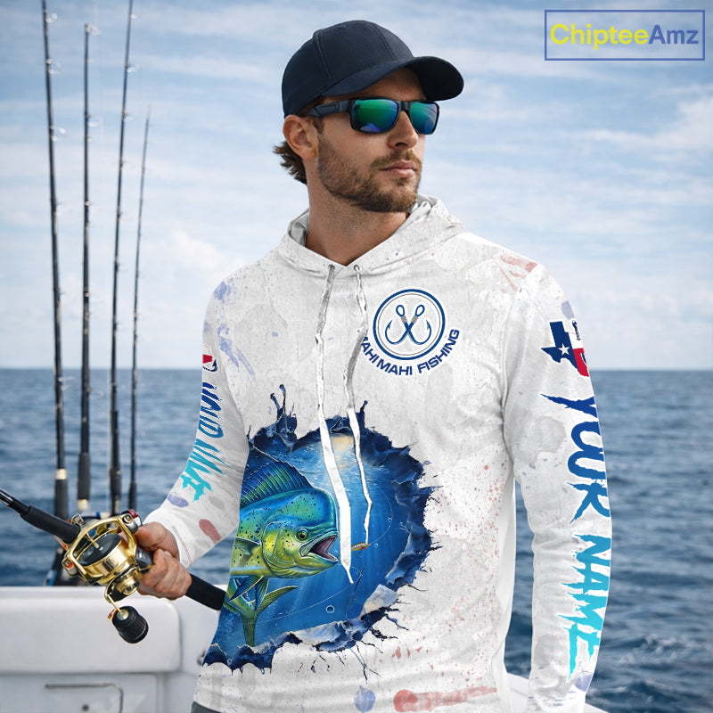 Custom Mahi Mahi Fishing Long Sleeve Hooded Tournament Shirts, Mahi Mahi Saltwater Fishing Apparel | White NBT683