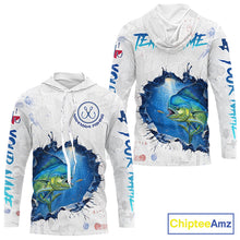 Load image into Gallery viewer, Custom Mahi Mahi Fishing Long Sleeve Hooded Tournament Shirts, Mahi Mahi Saltwater Fishing Apparel | White NBT683