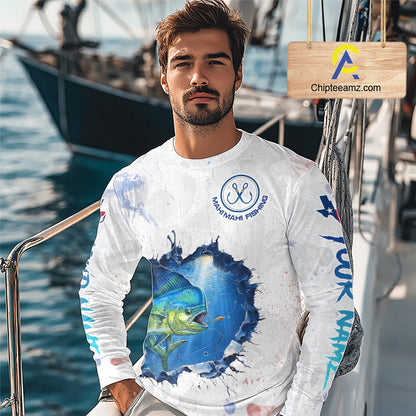 Custom Mahi Mahi Fishing Long Sleeve Tournament Shirts, Mahi Mahi Saltwater Fishing Apparel | White NBT683