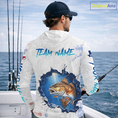 Custom Redfish Fishing Long Sleeve Hooded Tournament Shirts, Redfish Saltwater Fishing Apparel | White NBT684