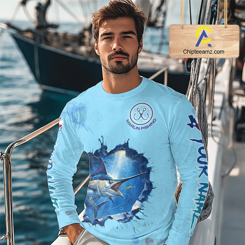 Custom Marlin Fishing Long Sleeve Tournament Shirts, Marlin Saltwater Fishing Apparel | Blue NBT688