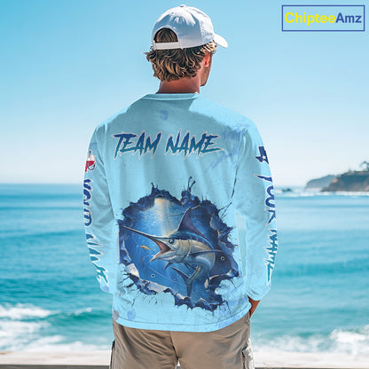 Custom Marlin Fishing Long Sleeve Tournament Shirts, Marlin Saltwater Fishing Apparel | Blue NBT688