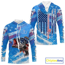 Load image into Gallery viewer, Front and back view of American flag patriotic largemouth bass hooded fishing shirt