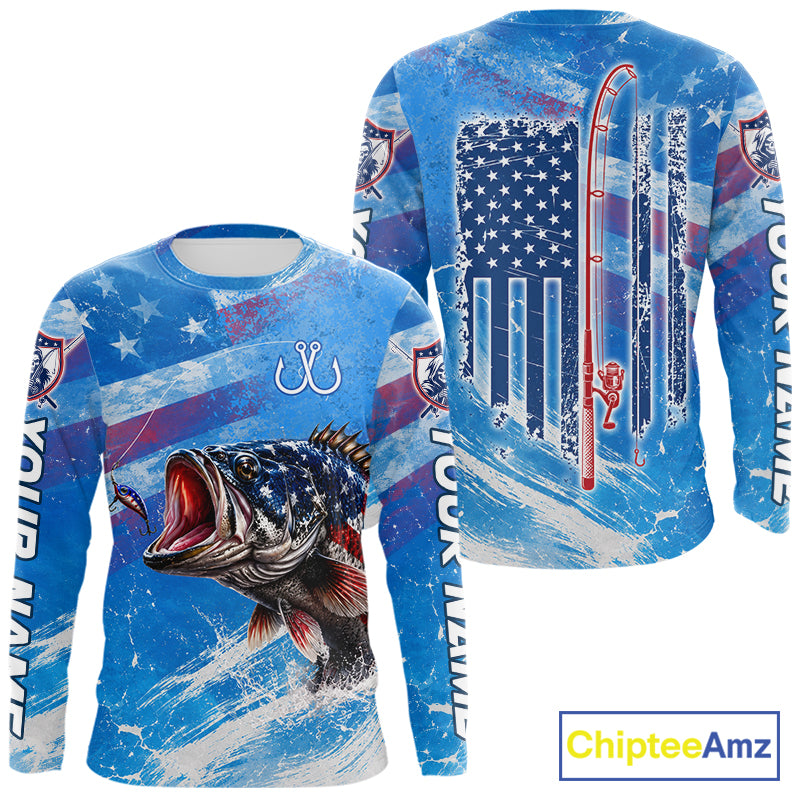 American flag largemouth bass fishing shirt long sleeve front and back view