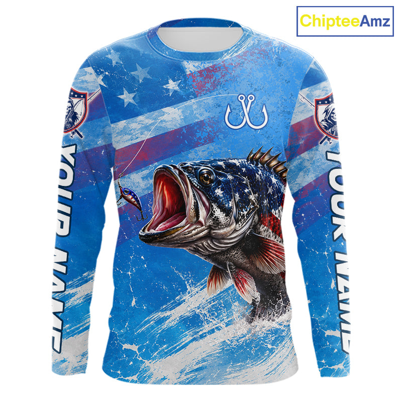 American flag largemouth bass fishing shirt long sleeve front view