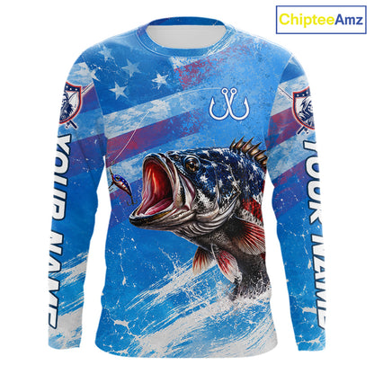 American flag largemouth bass fishing shirt long sleeve front view
