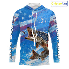 Load image into Gallery viewer, American flag northern pike hooded fishing shirt front view custom name