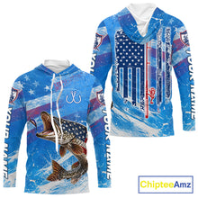 Load image into Gallery viewer, American flag northern pike hooded fishing shirt front and back view