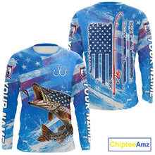 Load image into Gallery viewer, American flag northern pike fishing shirt long sleeve front and back view