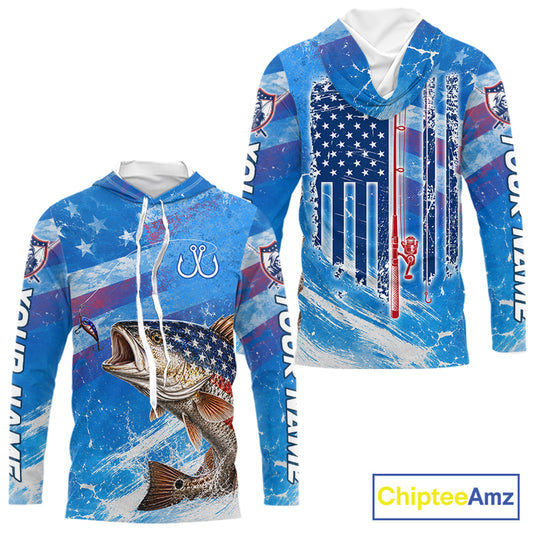 American flag largemouth bass hooded fishing shirt front and back view