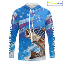 Load image into Gallery viewer, American flag redfish hooded fishing shirt front view