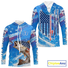 Load image into Gallery viewer, American flag largemouth bass hooded fishing shirt front and back view