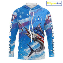 Load image into Gallery viewer, American flag marlin hooded fishing shirt front view