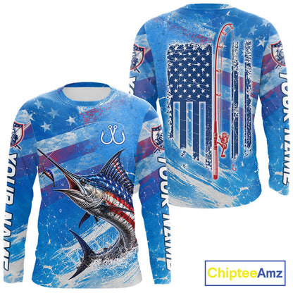 American flag marlin fishing shirt long sleeve front and back view