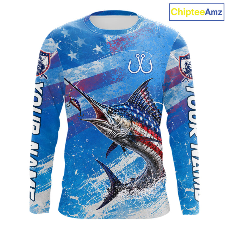 American flag marlin fishing shirt long sleeve front view