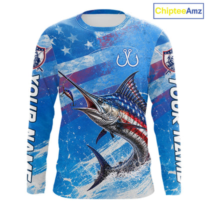 American flag marlin fishing shirt long sleeve front view