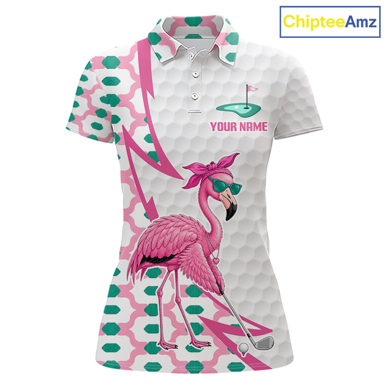 Front view of funny flamingo pink pattern womens golf polo shirt with custom name