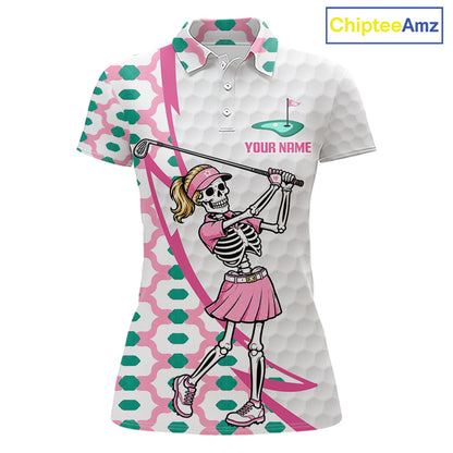 Front view of funny skeleton pink pattern womens golf polo shirt with custom name