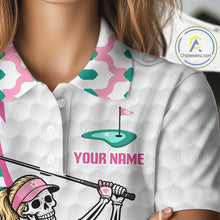 Load image into Gallery viewer, Funny Skeleton Pink Pattern Womens Golf Polo Shirt Golf Outfit Custom Name, Funny Golf Shirts NBT782