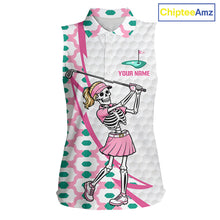 Load image into Gallery viewer, Front view of funny skeleton pink sleeveless golf polo shirt for women with custom name