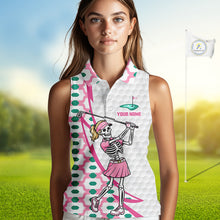 Load image into Gallery viewer, Woman wearing funny skeleton golf sleeveless polo shirt with skeleton golfer design on golf course