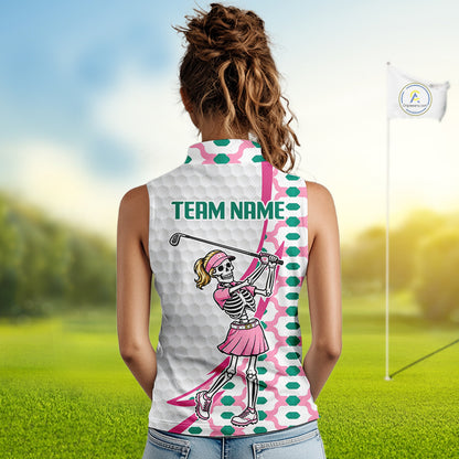 White sleeveless golf polo shirt for women with skeleton golfer print on back