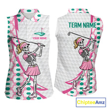 Load image into Gallery viewer, Pink skeleton sleeveless golf polo shirt for women, personalized with player name and team name