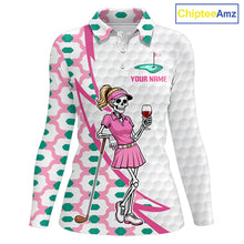 Load image into Gallery viewer, Funny Skeleton Pink Pattern Womens Golf Polo Shirt Golf Outfit Custom Name, Funny Golf Shirts NBT783