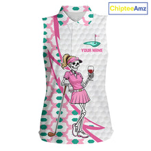 Load image into Gallery viewer, Front view of funny skeleton pink golf sleeveless polo shirt for women with custom name
