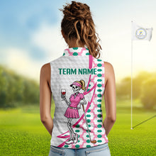 Load image into Gallery viewer, White golf polo shirt for women with skeleton golfer print on back