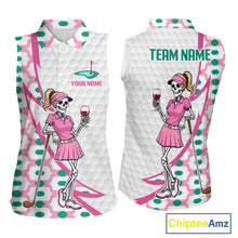 Load image into Gallery viewer, White golf polo shirt for women with skeleton golfer print on front and back