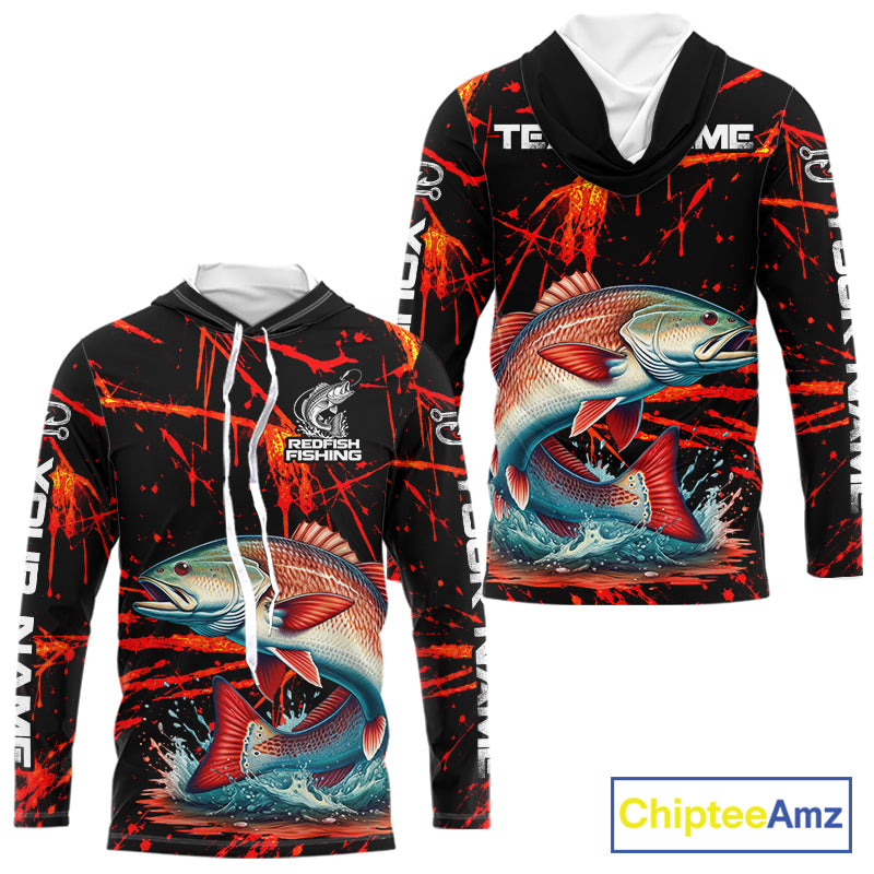Custom Redfish Fishing Jersey, Personalized Redfish Long Sleeve Hooded Performance Fishing Shirt For Men NBT1098