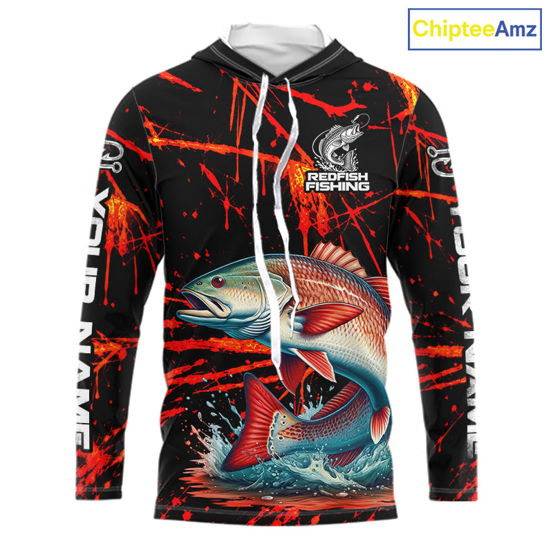 Custom Redfish Fishing Jersey, Personalized Redfish Long Sleeve Hooded Performance Fishing Shirt For Men NBT1098