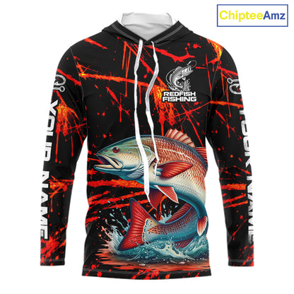 Custom Redfish Fishing Jersey, Personalized Redfish Long Sleeve Hooded Performance Fishing Shirt For Men NBT1098