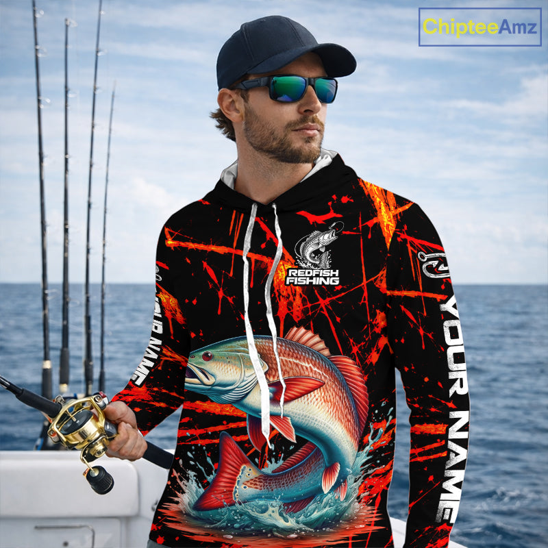 Custom Redfish Fishing Jersey, Personalized Redfish Long Sleeve Hooded Performance Fishing Shirt For Men NBT1098