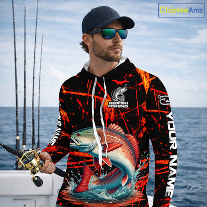 Custom Redfish Fishing Jersey, Personalized Redfish Long Sleeve Hooded Performance Fishing Shirt For Men NBT1098