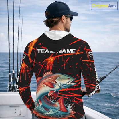Custom Redfish Fishing Jersey, Personalized Redfish Long Sleeve Hooded Performance Fishing Shirt For Men NBT1098