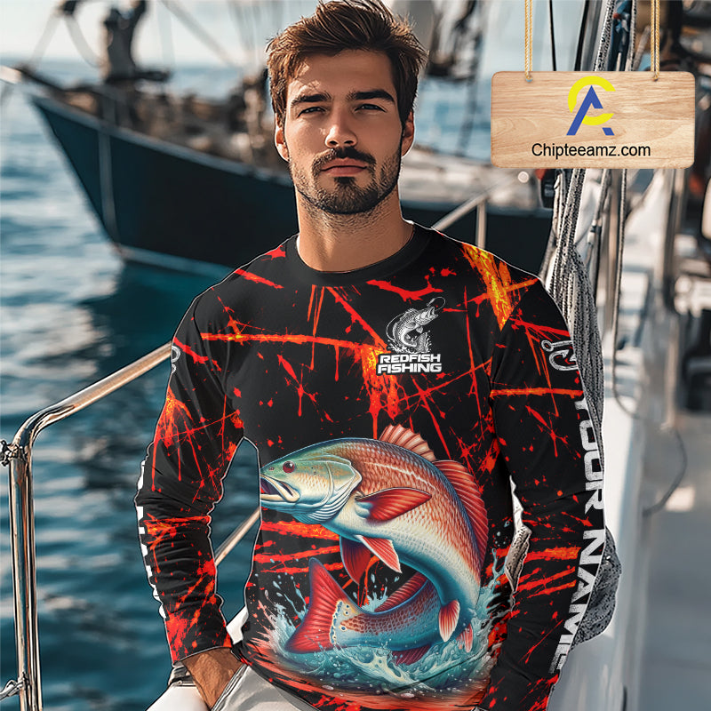 Custom Redfish Fishing Jersey, Personalized Redfish Long Sleeve Performance Fishing Shirt For Men NBT1098