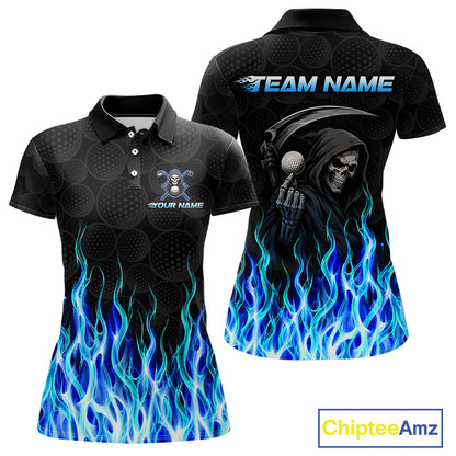Custom Blue Flame Reaper Golf Ball Pattern Womens Golf Polo Shirts Black Tournament Golf Team Shirts, Golf Outfit NBT874