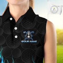 Load image into Gallery viewer, Custom Blue Flame Reaper Golf Ball Pattern Womens Sleeveless Golf Polo Shirts Black Golf Team Shirts, Golf Outfit NBT874